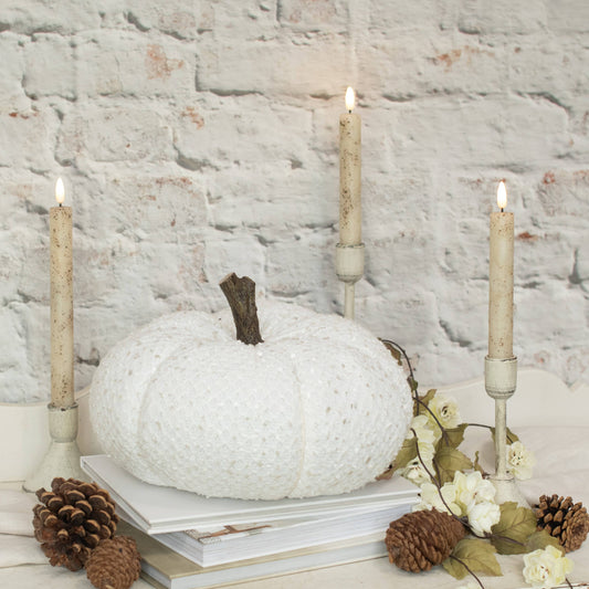 7.5" WHITE FRAYED RIBBON FABRIC PUMPKIN W/ FAUX WOOD STEM