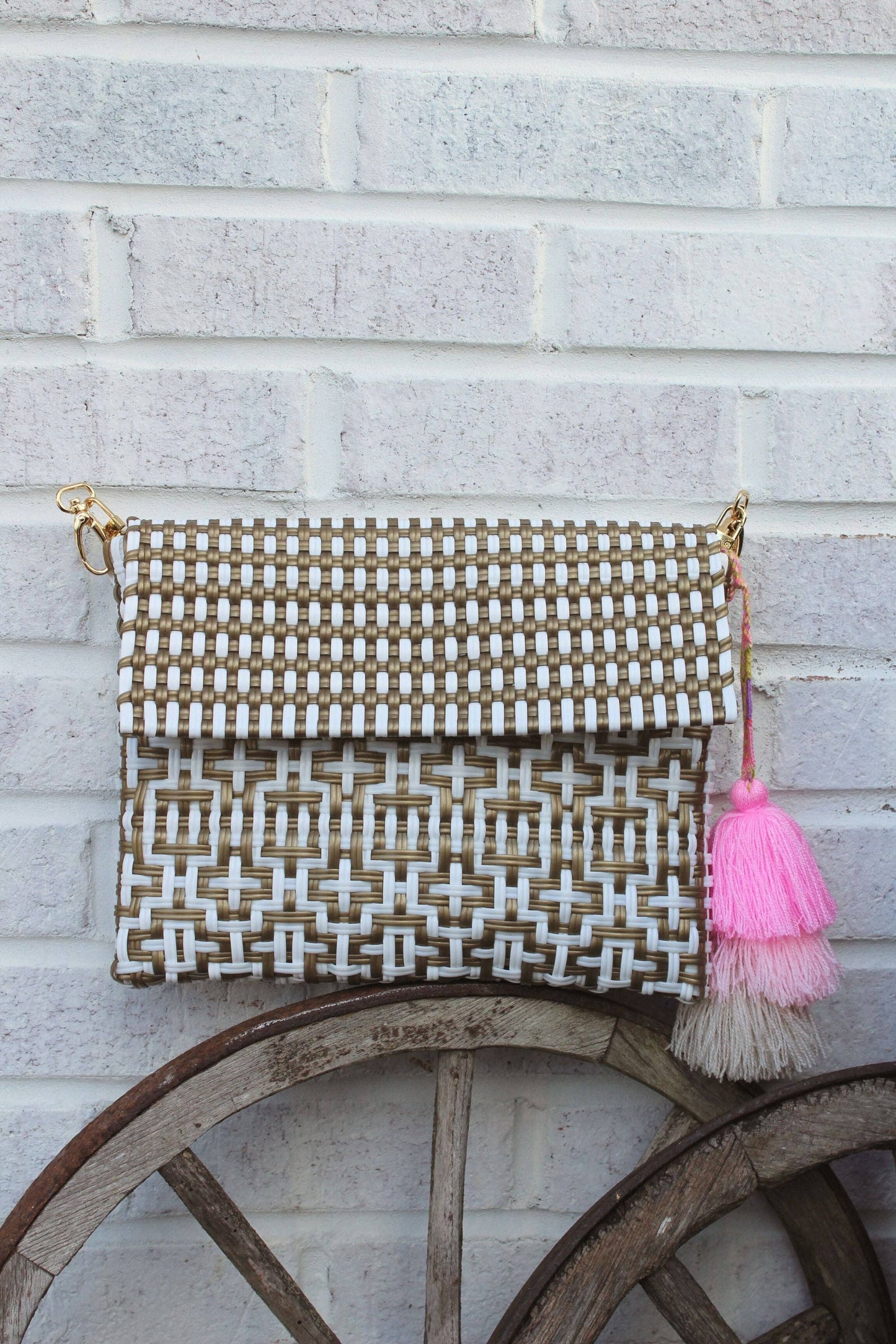 Clutch Gold/White Preppy Tile Crossbody with Strap
