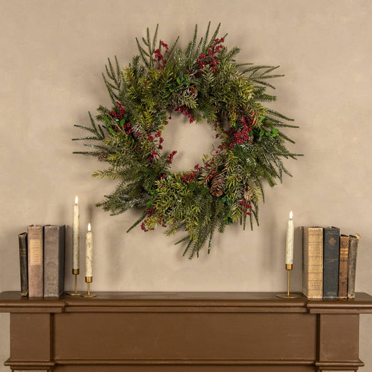 FROSTED MIXED FOLIAGE WREATH W/ RED BERRIES