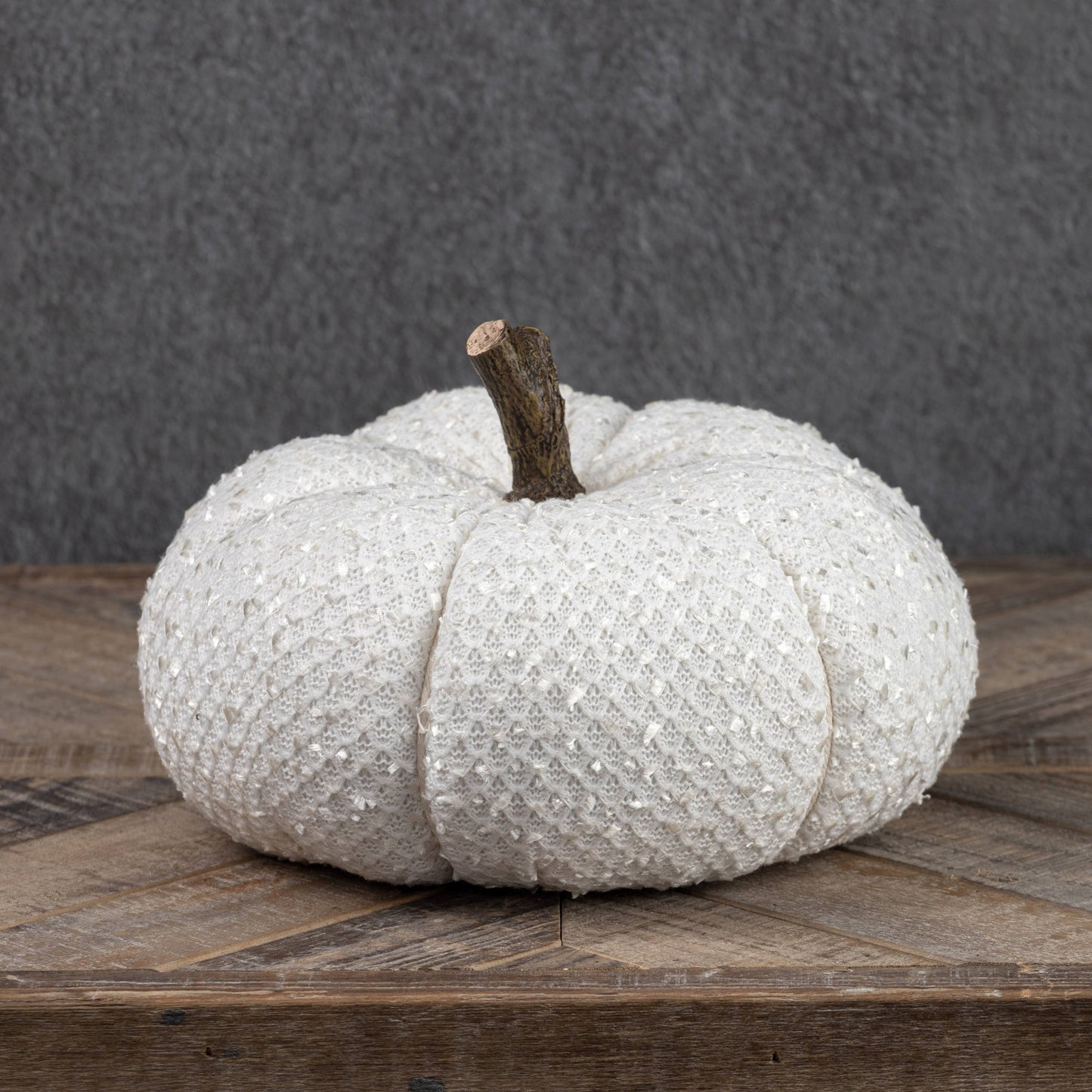 7.5" WHITE FRAYED RIBBON FABRIC PUMPKIN W/ FAUX WOOD STEM