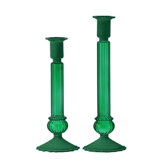 Green Glass Flocked Candle Holders