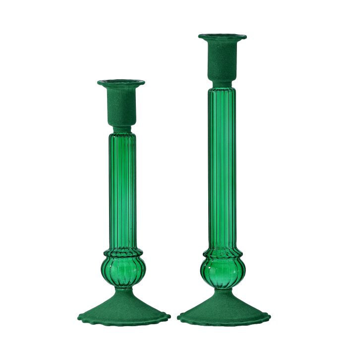 Green Glass Flocked Candle Holders