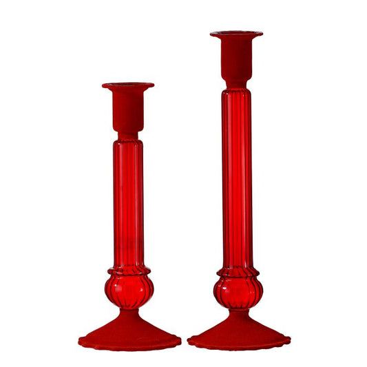 Red Glass Flocked Candle Holders