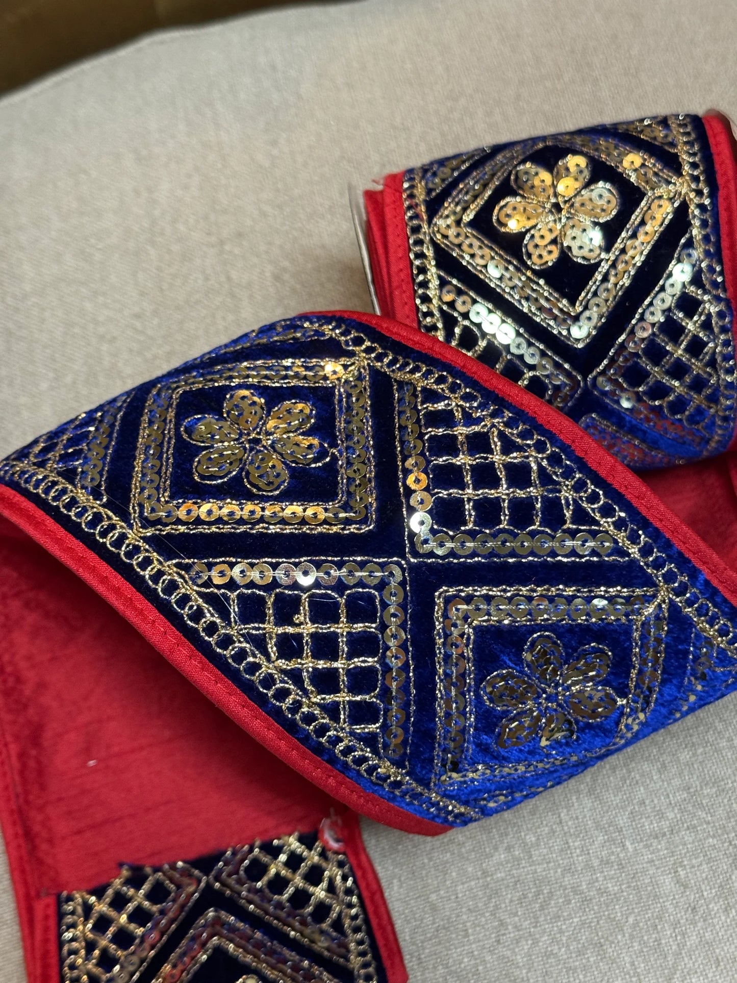 Sequin Embroidered Blue Velvet Ribbon-John Mark Enterprises
