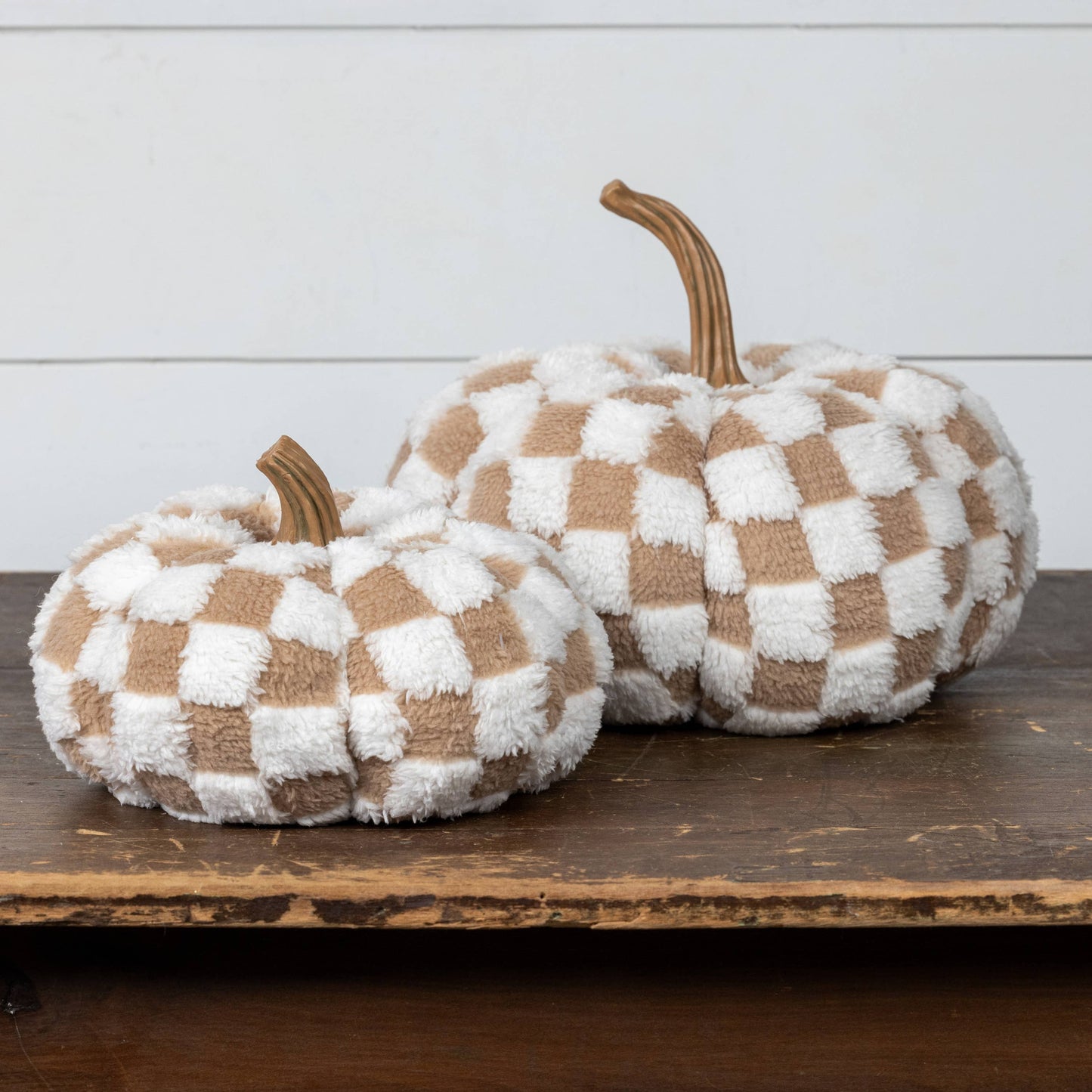 9.75" BROWN & CREAM CHECK FABRIC PUMPKIN