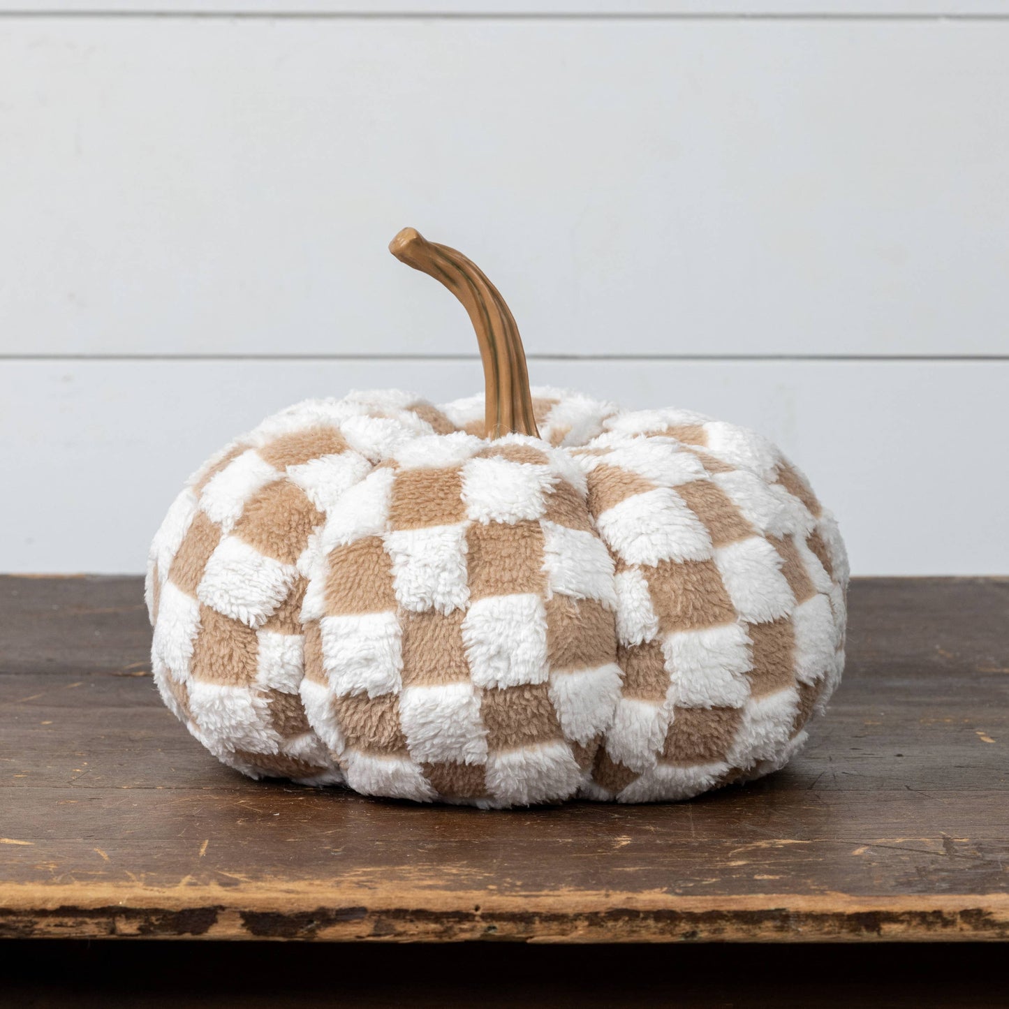 9.75" BROWN & CREAM CHECK FABRIC PUMPKIN