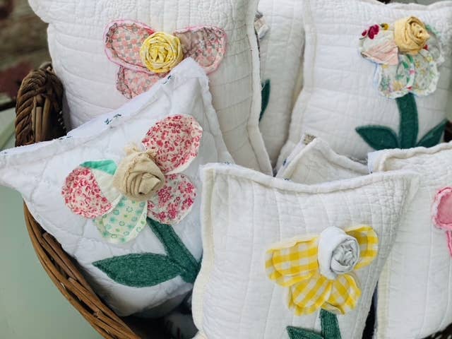 Upcycled Vintage Flower Quilt Pillow Handcrafted Home Decor