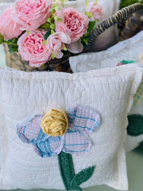 Upcycled Vintage Flower Quilt Pillow Handcrafted Home Decor