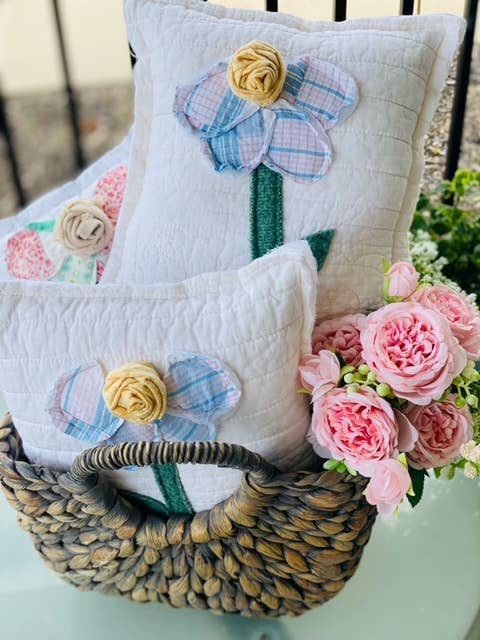Upcycled Vintage Flower Quilt Pillow Handcrafted Home Decor