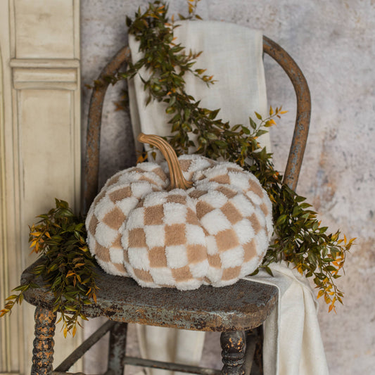 9.75"  BROWN & CREAM CHECK FABRIC PUMPKIN