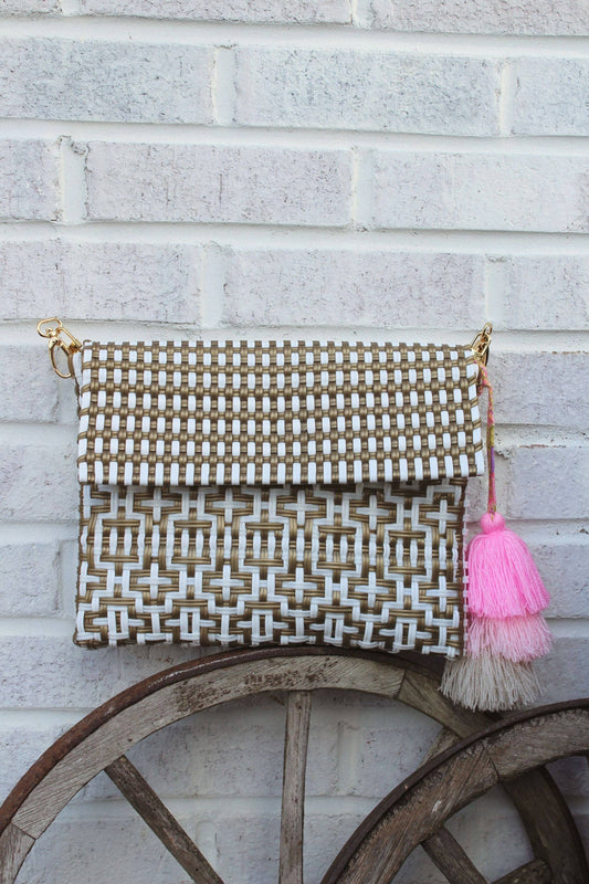 Clutch Gold/White Preppy Tile Crossbody with Strap