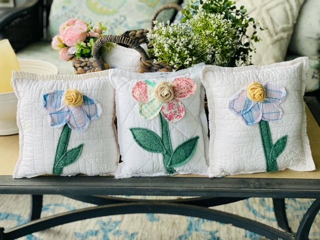 Upcycled Vintage Flower Quilt Pillow Handcrafted Home Decor