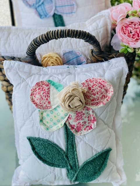 Upcycled Vintage Flower Quilt Pillow Handcrafted Home Decor