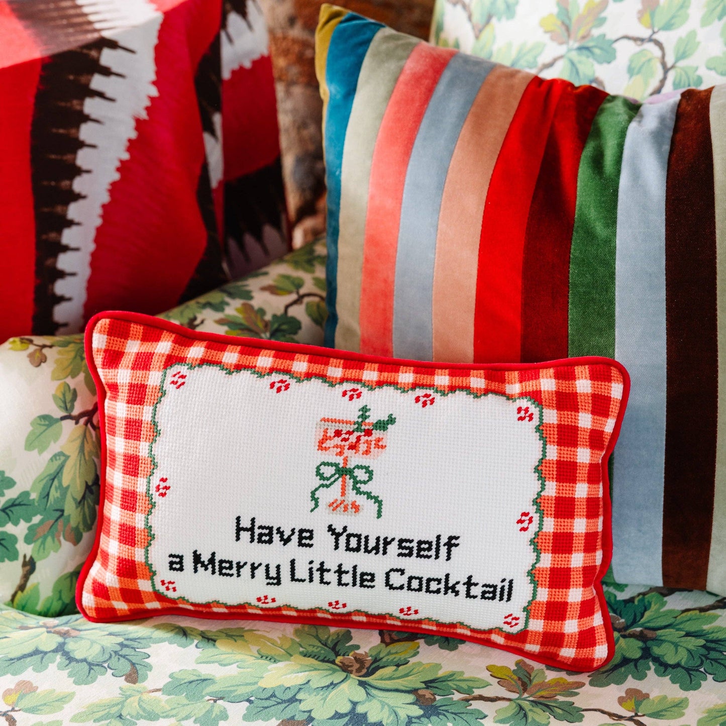 Merry Little Cocktail Needlepoint Pillow