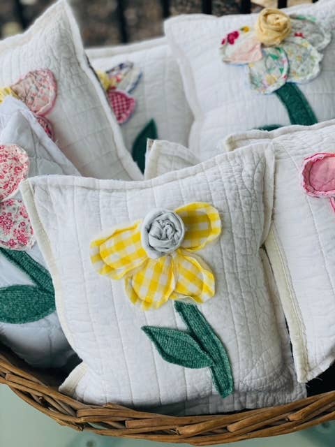 Upcycled Vintage Flower Quilt Pillow Handcrafted Home Decor