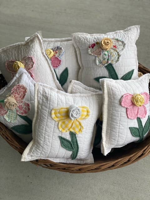 Upcycled Vintage Flower Quilt Pillow Handcrafted Home Decor