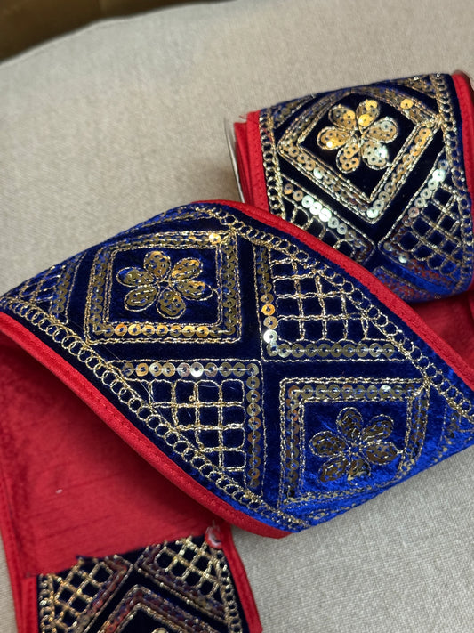 Sequin Embroidered Blue Velvet Ribbon-John Mark Enterprises