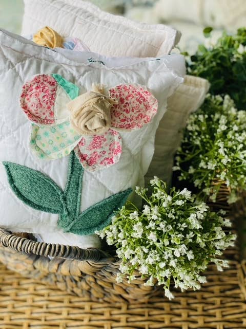 Upcycled Vintage Flower Quilt Pillow Handcrafted Home Decor