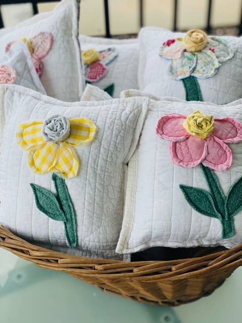 Upcycled Vintage Flower Quilt Pillow Handcrafted Home Decor