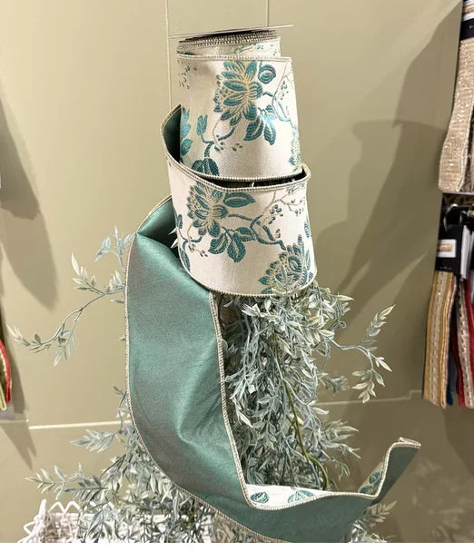 Floral Jacquard Dupion Fused Ribbon with Green Trim-John Mark Enterprises