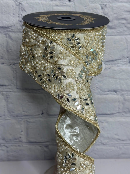 Jeweled Pearl Mirror Ribbon with Gold Trim-Johm Mark Enterprises