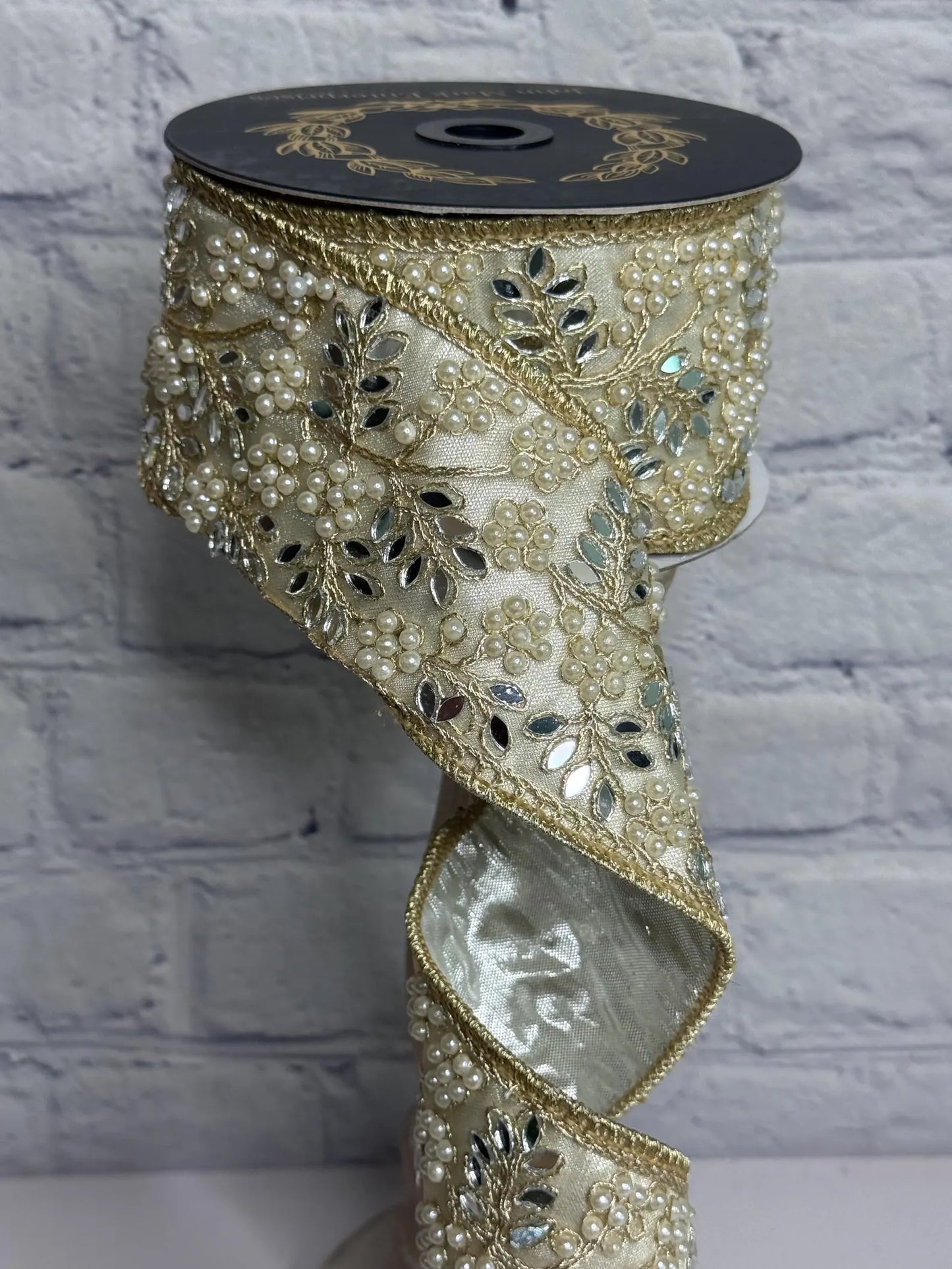 Jeweled Pearl Mirror Ribbon with Gold Trim-Johm Mark Enterprises